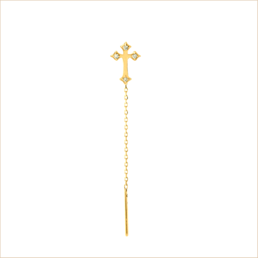 boucle d'oreille croix sur chaine diamant or jaune 18 caracts recyclé diamant aupiho joaillerie